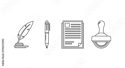 Collection of four line art icons representing documents, a quill pen, a modern pen, and a stamp, perfect for infographics, articles, books, flyers, and banners, with editable strokes and a clean