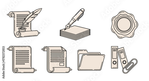 Collection of outline vector icons representing documents, writing tools, and office supplies, including a quill pen with inkwell, a fountain pen on stacked paper, a wax seal, scrolls, a folder