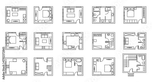 Collection of simple linear outline floor plan illustrations, editable stroke, suitable for websites, books, cards, and apps, presented as vector cartoon illustrations on a white background