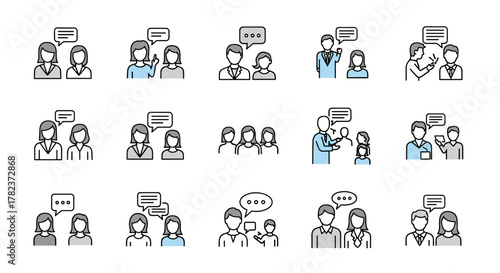 Set of minimalistic thin line icons depicting faceless people engaged in conversations and discussions, presented in a vector cartoon illustration style on a clean white background, symbolizing