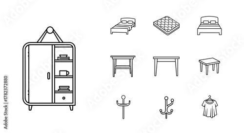Collection of minimalist line art icons representing furniture and home essentials, including a wardrobe, beds, mattresses, tables, and coat hooks, perfect for interior design, web, and app