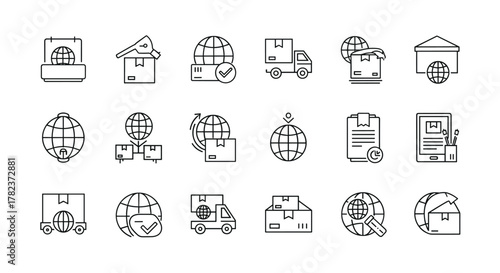 Global Delivery Minimalistic Outline Icons for Web and Graphic Design, Apps, Banners, Social Networks, and Cards. Vector Cartoon Illustration with a White Background. Set of Icons Representing