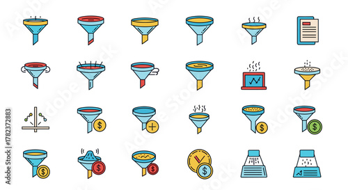 Collection of vibrant, flat line art funnel icons representing various business processes, data filtering, and sales funnels, suitable for graphic design, web applications, and marketing materials