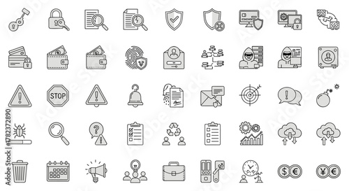 A comprehensive collection of flat design line icons representing fraud and hacking concepts, including security shields, digital locks, credit cards, wallets, fingerprints, cybercriminals, warnings