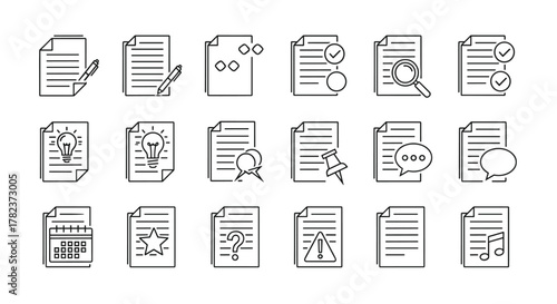 Collection of outline document and notes icons on a white background, featuring symbols for writing, ideas, search, checklists, communication, reminders, and more, perfect for digital interfaces and