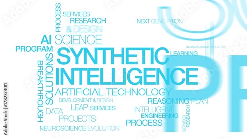 Synthetic intelligence machine Artificial intelligence AI tag cloud blue text white background animation words tagcloud animation video