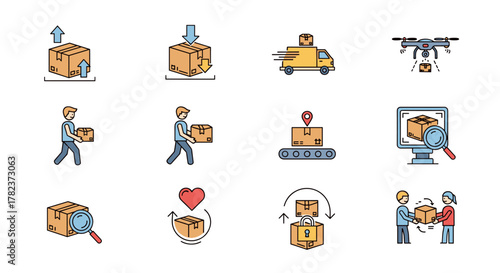 Set of minimalistic vector cartoon illustrations depicting various aspects of parcel exchange and delivery, including shipping, tracking, and logistics, suitable for web and graphic design, apps