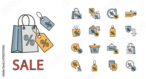 Collection of sale icons and symbols featuring shopping bags, price tags, and percentage signs in a cartoon style, perfect for infographics, articles, books, flyers, and banners, with editable stroke