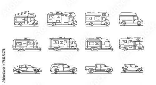 Collection of line icons representing various motorhomes, campers, and cars, including sedans, SUVs, pickup trucks, and hatchbacks, presented as outline signs for graphic and web design, apps