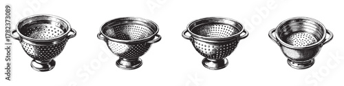 Set of vintage metal colanders showcasing various designs with elegant perforations.