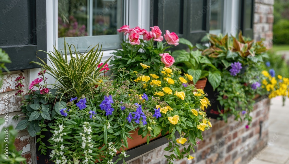 Fototapeta premium A diverse selection of potted plants arranged in window boxes enhances the exterior of a home, seasonal change, spring