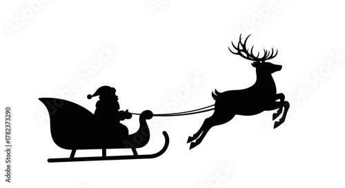 Black silhouette of Santa Claus riding in his sleigh pulled by a flying reindeer against a white background, representing Christmas holiday spirit.