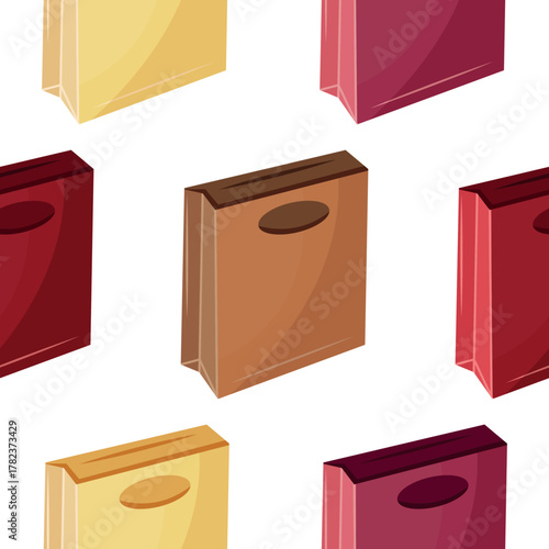 pattern with paper bags with a handle cutout, often for small items in various colors, for social media or shopping-themed promotional materials