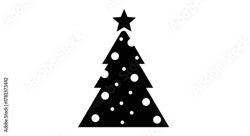 A black silhouette of a Christmas tree with a star topper and white circular ornaments on a plain background.