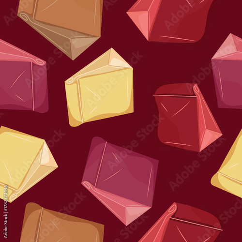 seamless pattern with paper bags for food or products without handles in various colors on a dark red background, for social media or promotional materials on the theme of shopping