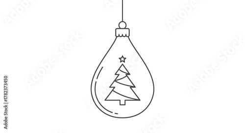 A minimalist line art drawing of a teardrop-shaped Christmas ornament with a festive tree inside, hanging from a string.