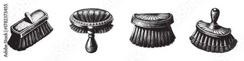 Vintage black and white illustrations of various dustpans and brushes, showcasing different styles and designs.