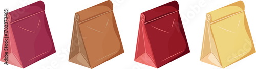 set of paper bags for food or products without handles in various colors, for social media or promotional materials on the topic of shopping