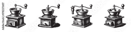 Vintage coffee grinders in various designs showcasing intricate craftsmanship.