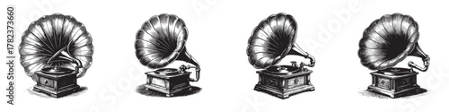 Vintage black-and-white illustration of four classic gramophones showcasing intricate designs.