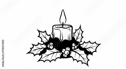 A black and white line art illustration of a lit Christmas candle surrounded by holly leaves and berries.