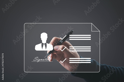 Digital document signing and online agreement concept with hand holding pen to sign electronic contract, representing e-signature, business approval, paperless workflow in modern office technology.