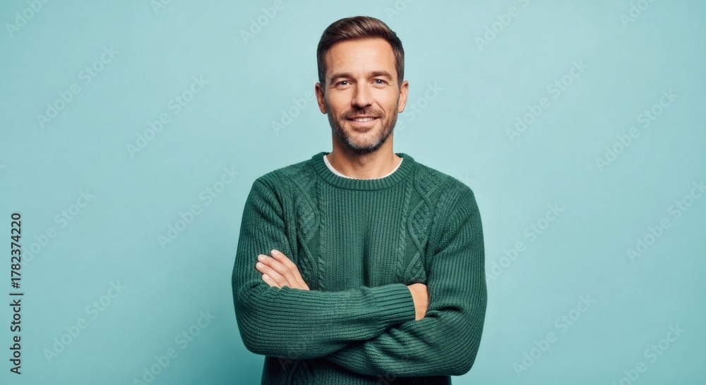 Fototapeta premium Smiling man with arms crossed wearing a green sweater on a teal background