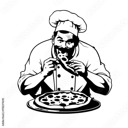 Chef Enjoying a Delicious Slice of Pizza with a Full Pie