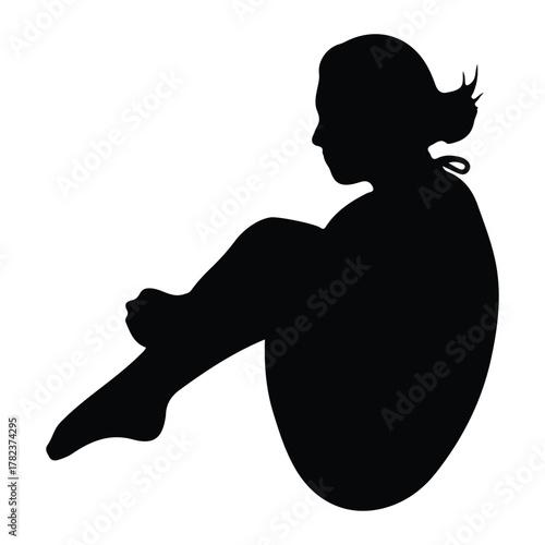 Silhouette of a young woman curled up on white background