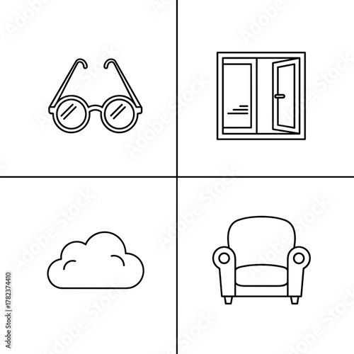 Sunglasses, open window, cloud, and armchair in simple line art  for digital detox