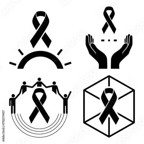 Collection of black awareness ribbon icons for memorial concepts