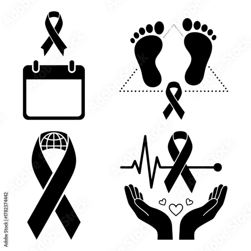 Collection of black mourning ribbon symbols for remembrance day