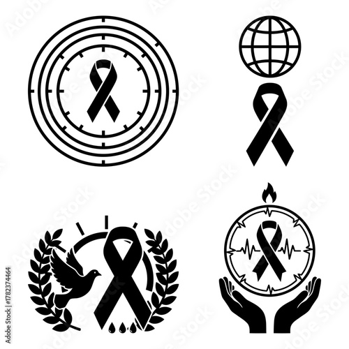 Collection of black mourning ribbon symbols for remembrance day