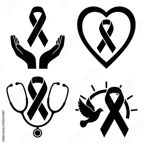Collection of black ribbon symbols for awareness