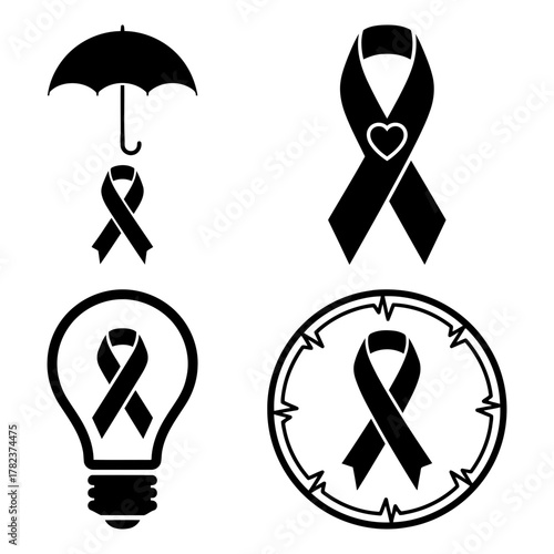 Collection of black ribbon symbol designs for various awareness campaigns