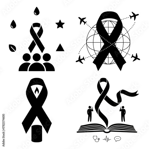 Collection of black ribbon icons for mourning, awareness, and support