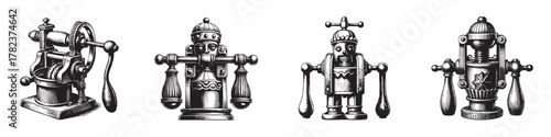 Vintage style robots in black and white with intricate details and a nostalgic charm.