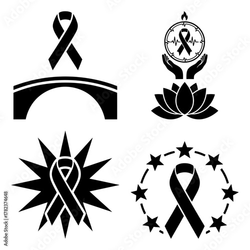 Collection of black awareness ribbons for various causes