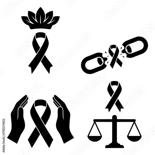 Collection of black ribbon icons symbolizing various causes