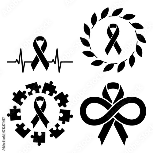 Collection of black awareness ribbons for various causes