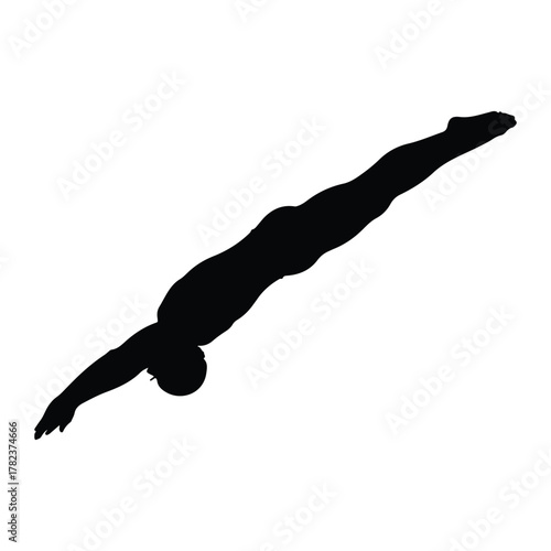Silhouette of diver in mid-air with arms extended Keywords: diving, silhouette, swimmer, sport