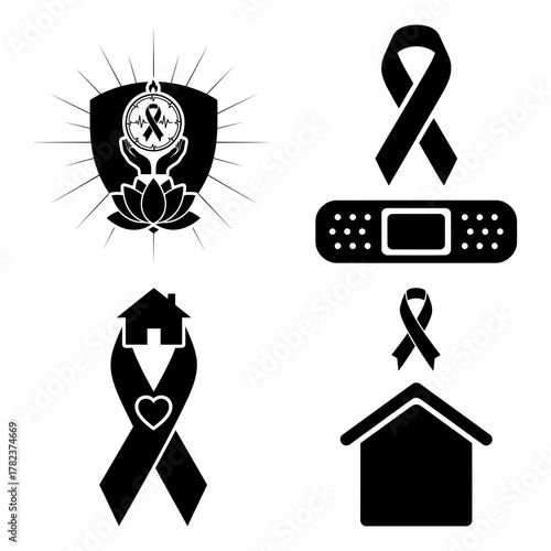 Collection of black awareness ribbons for various causes
