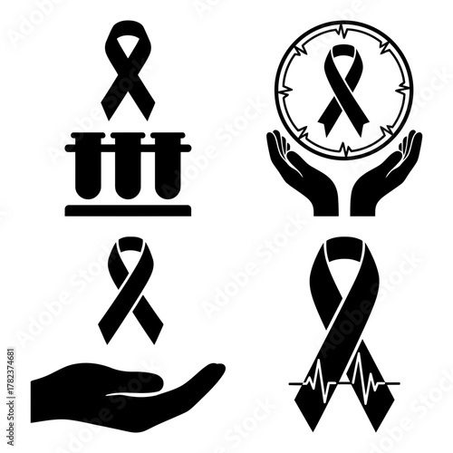 Set of black ribbon icons representing medical research and healthcare