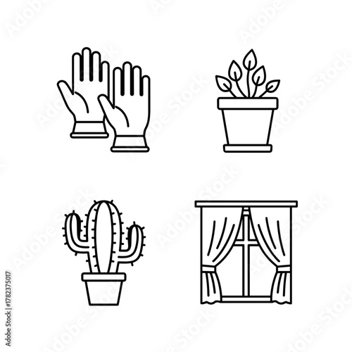 Gardening tools, potted plants, and window illustration for digital detox  