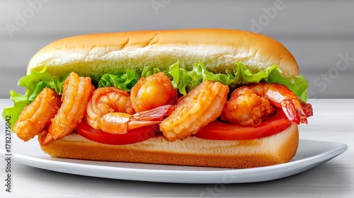 Fototapeta Naklejka Na Ścianę i Meble -  Delicious Shrimp Po Boy Sandwich - A flavorful shrimp po boy sandwich with crisp lettuce, ripe tomato, and juicy fried shrimp, served on a white plate