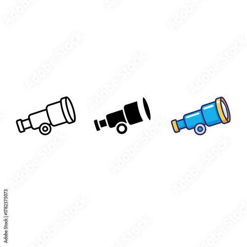 Vector illustration set of a portable telescope or monocular in line, solid black, and colored cartoon styles, perfect for science, observation, and exploration concepts.