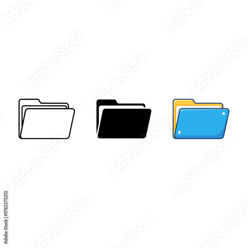 Vector illustration set of a document folder icon in outline, solid black, and colorful styles, representing data, storage, organization, and digital files.