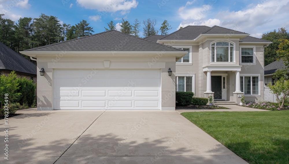 Fototapeta premium Electric white garage door, enhanced security feature