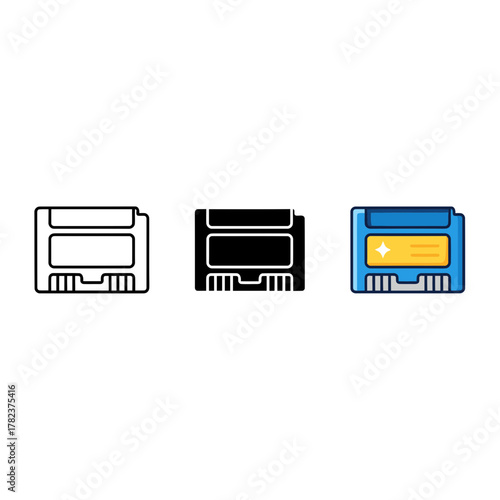 Vector illustration set of a retro video game cartridge in line, solid black, and colorful cartoon styles, representing classic gaming, entertainment, and nostalgia.