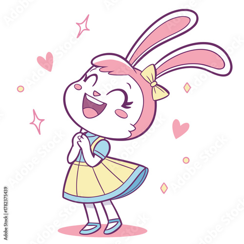 Cute cartoon baby rabbit in a pink dress illustration with a sweet heart for a fun Easter holiday card